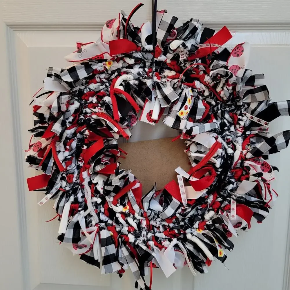 Cute as a Bug Handcrafted Rag Wreath Black White Red Ladybugs, 16